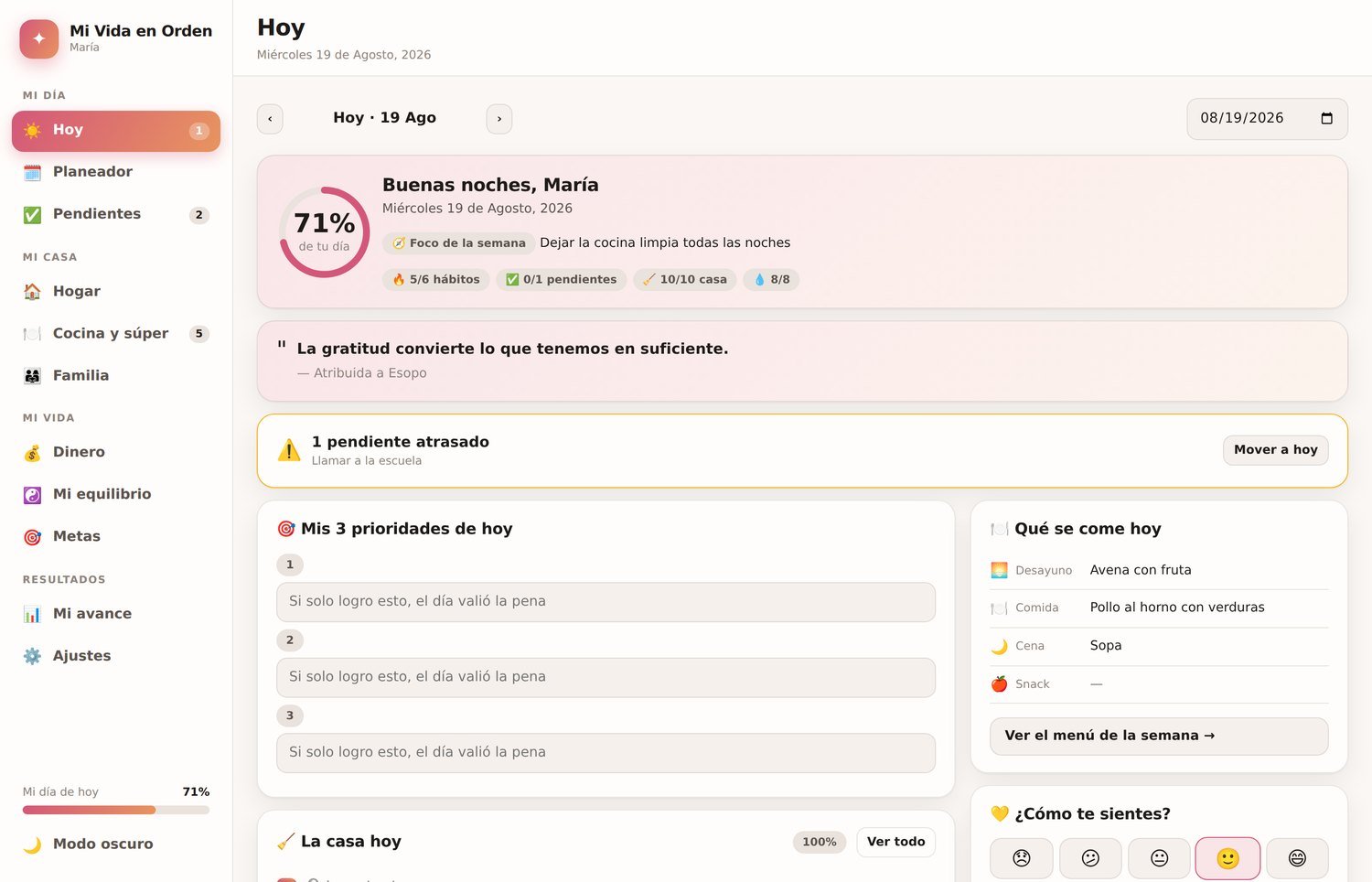 Pantalla de inicio de Mi Vida en Orden con el resumen del día, hábitos, prioridades y menú