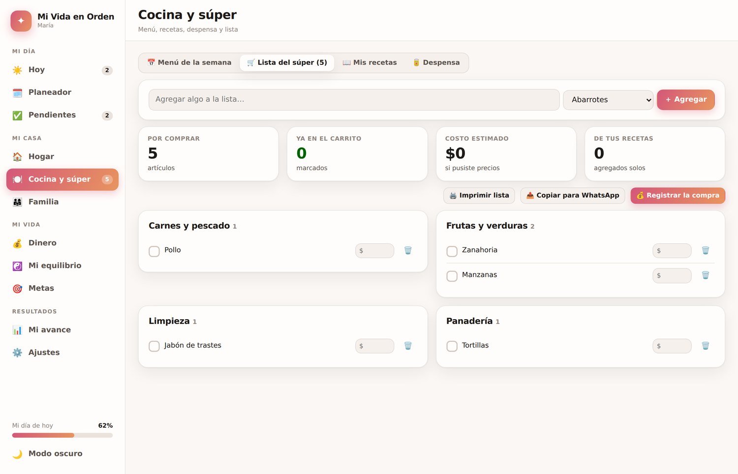 Lista del súper generada automáticamente y agrupada por categorías